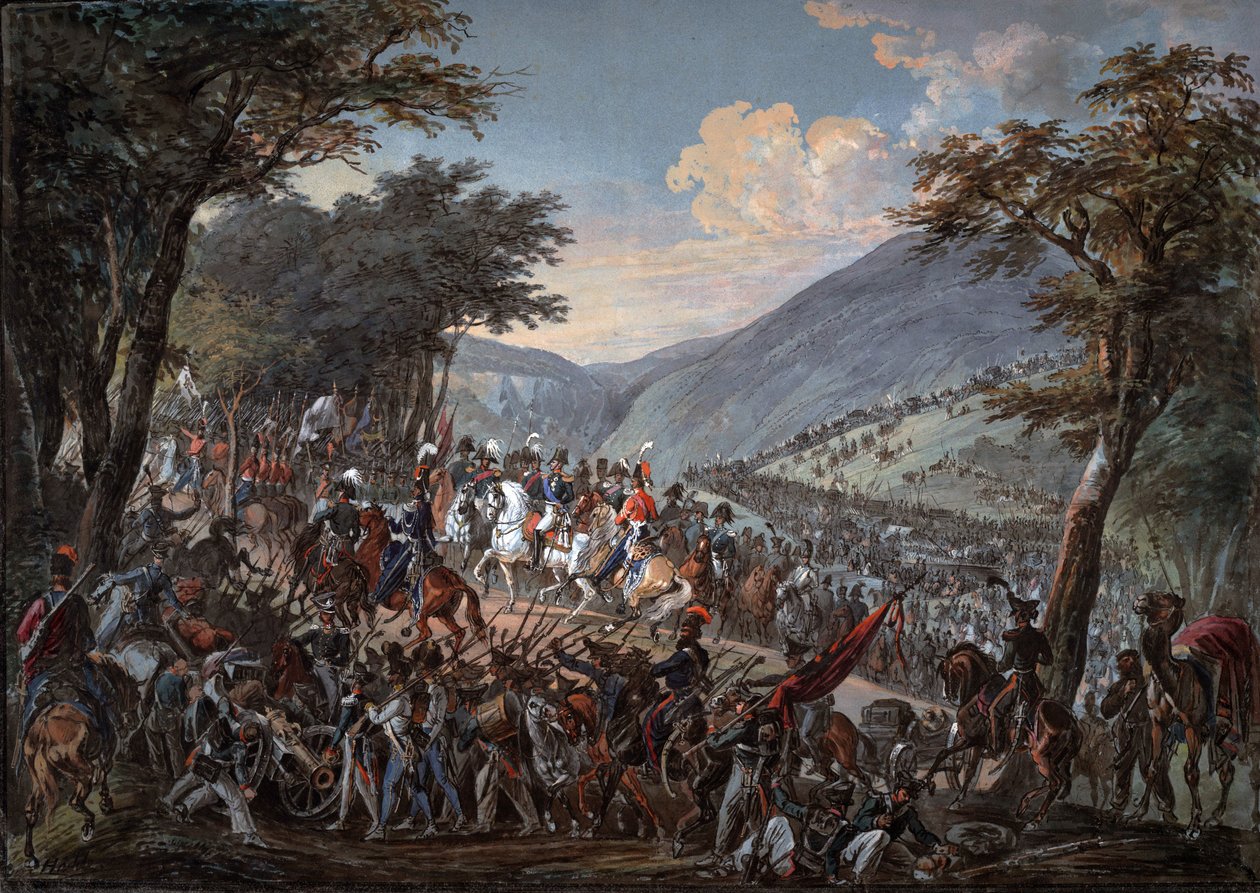 Cesarz Aleksander I (1777-1825) i jego świta przeszli przez Wogezy w lipcu 1815 - Hoechle, Johann Baptist (1754-1832) - 1825 - Akwarela na papierze - 70,9x99,7 - Kolekcja prywatna autorstwa Johann Baptist Hoechle