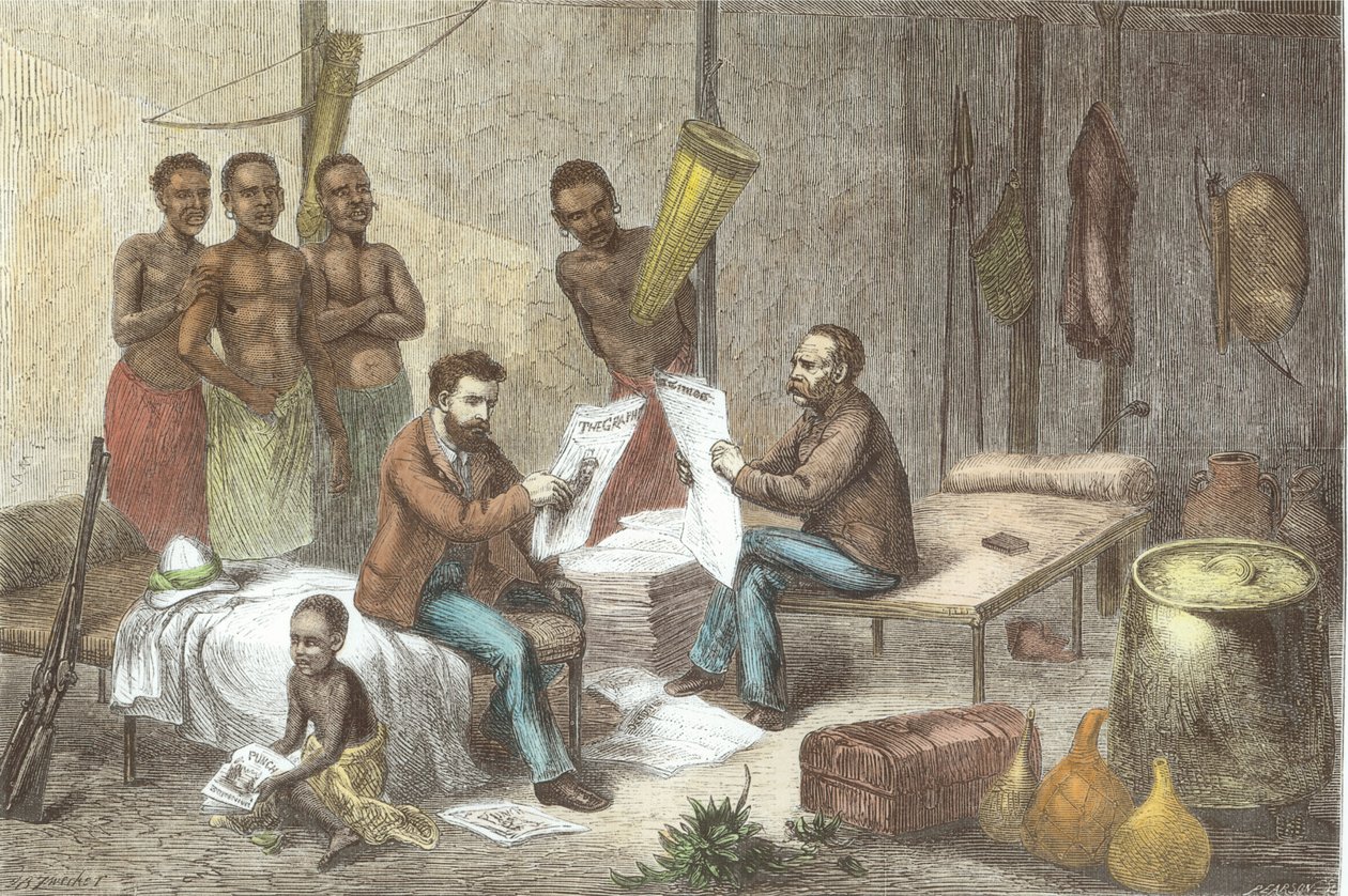 Dr David Livingstone (1813-73) i Mr. Henry Morton Stanley (1841-1904) Przyjmują gazety w Afryce Środkowej, grawerowane przez Pearson (późniejsze zabarwienie) autorstwa Johann Baptist Zweecker