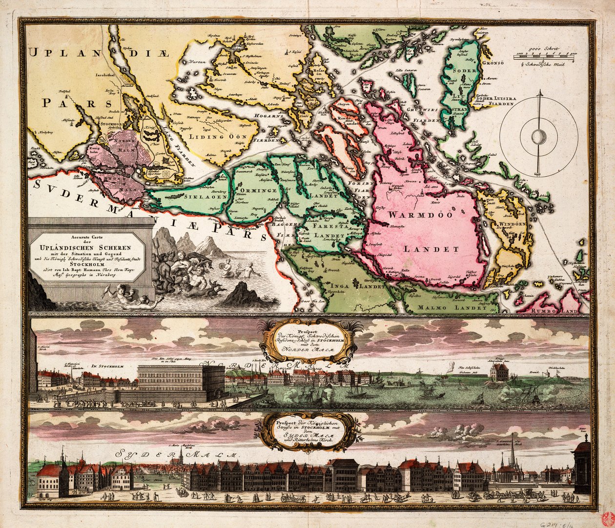 Dokładna mapa nożyc wyżynnych z położeniem i obszarem wokół królewskiej stolicy Szwecji i miasta rezydencjalnego Sztokholmu, ok. 1740 r. (kolorowy grawerunek) autorstwa Johann Baptista Homann