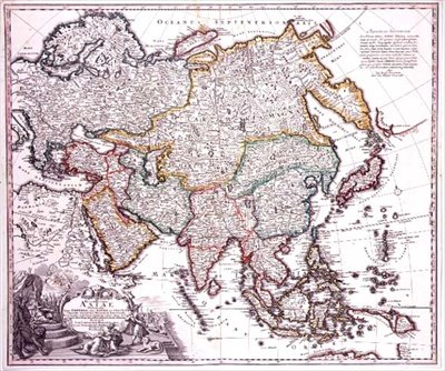 Azja Mniejsza, Arabia i Japonia, ok. 1725 (kolorowy grawerunek) autorstwa Johann Baptista Homann