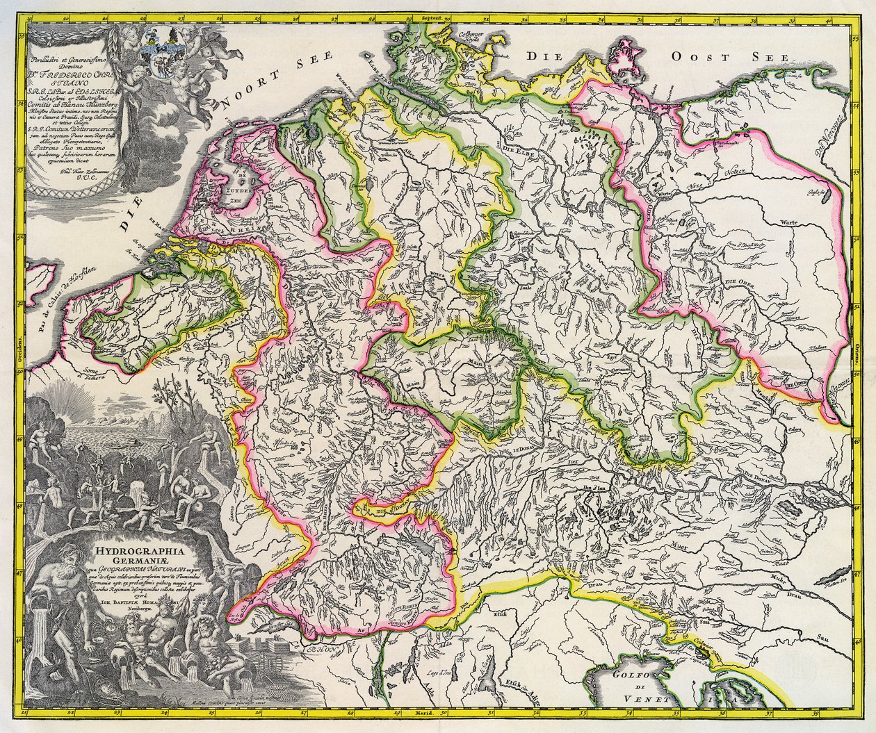 Mapa hydrograficzna Niemiec ok. 1720 r. (rycina) autorstwa Johann Baptista Homann