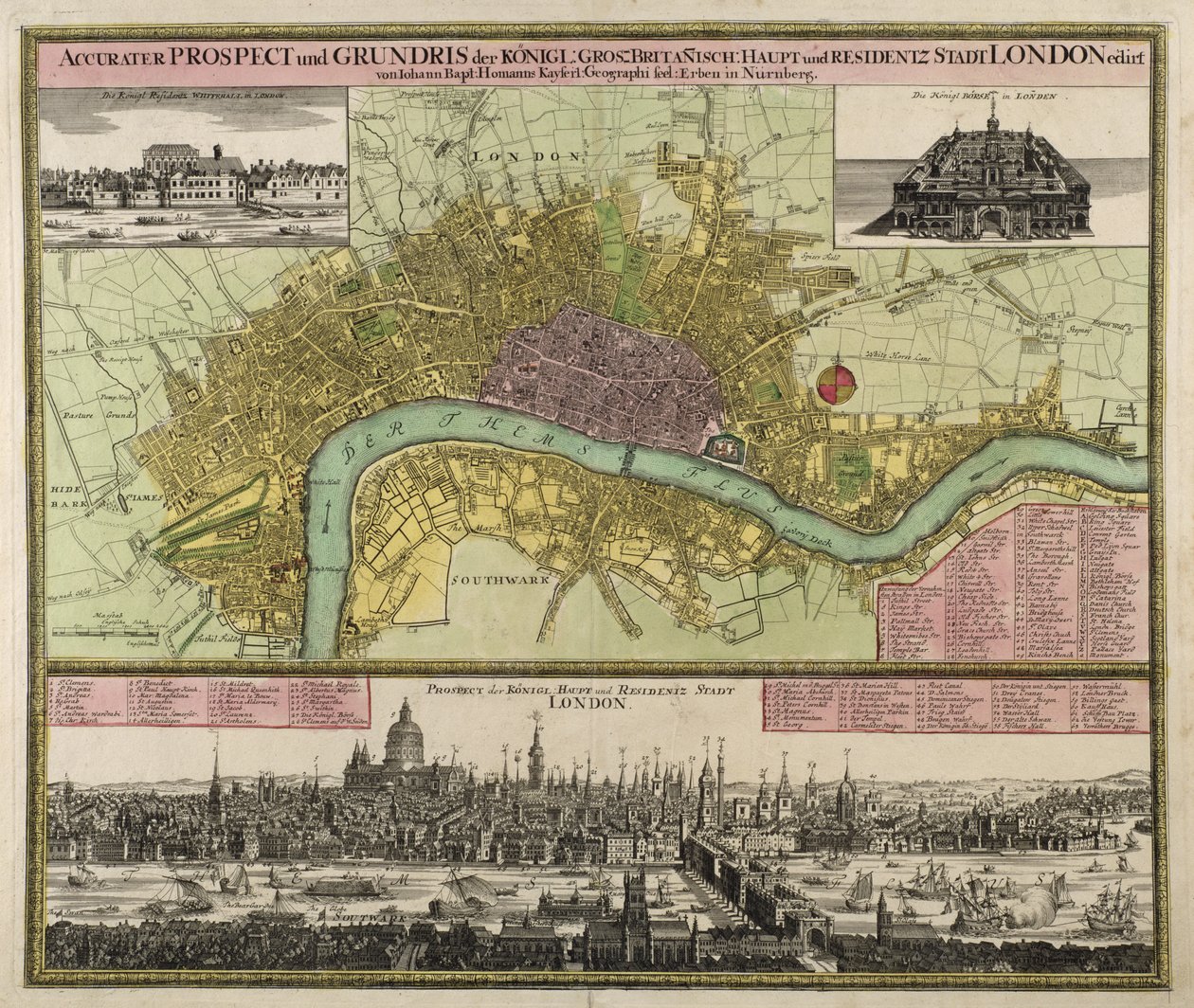 Mapa i perspektywa Londynu, ok. 1710 (rycina ręcznie kolorowana) autorstwa Johann Baptista Homann