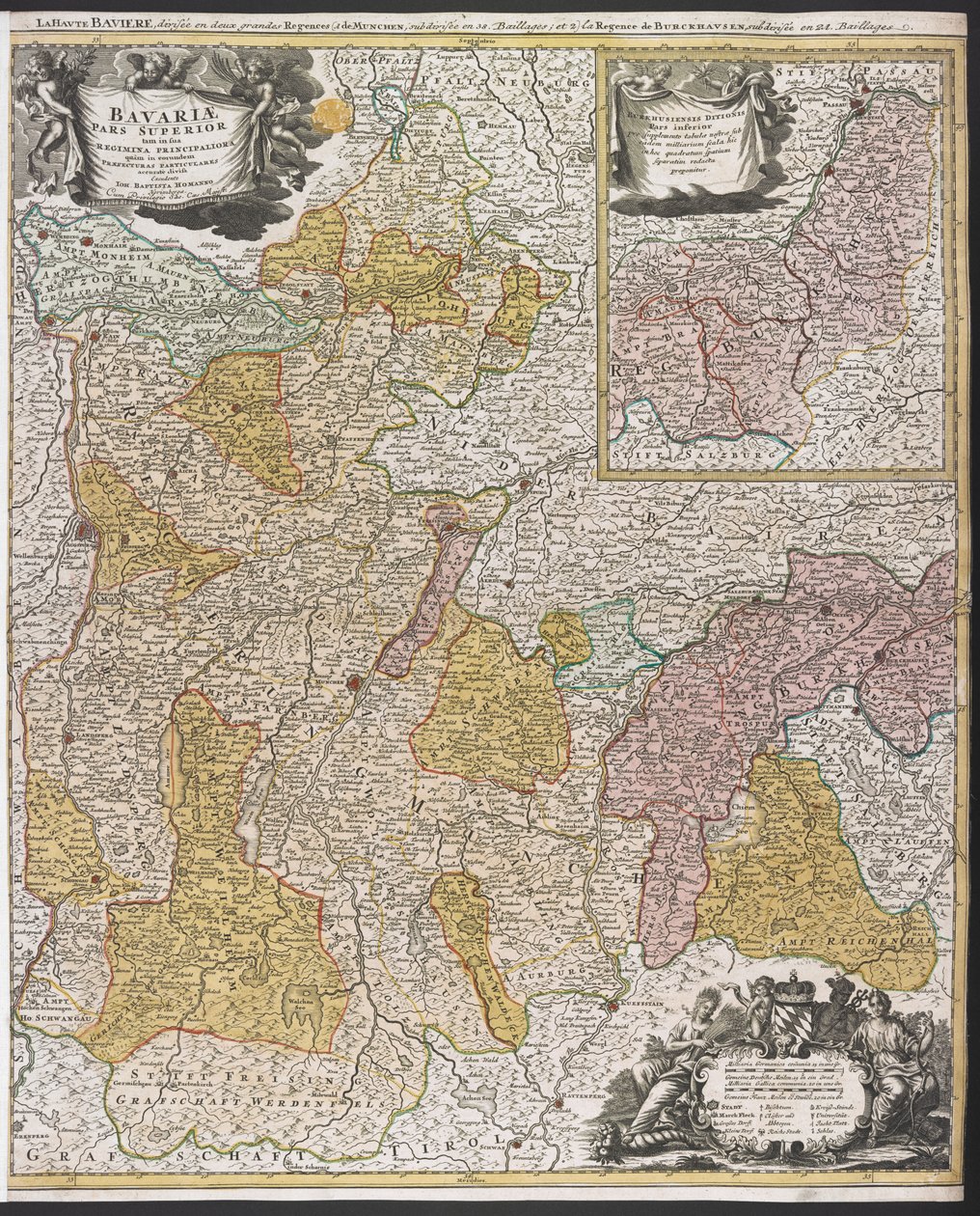 Mapa Bawarii, „Bavariæ Pars Superior”, po 1715 r. (kolorowy grawerunek) autorstwa Johann Baptista Homann