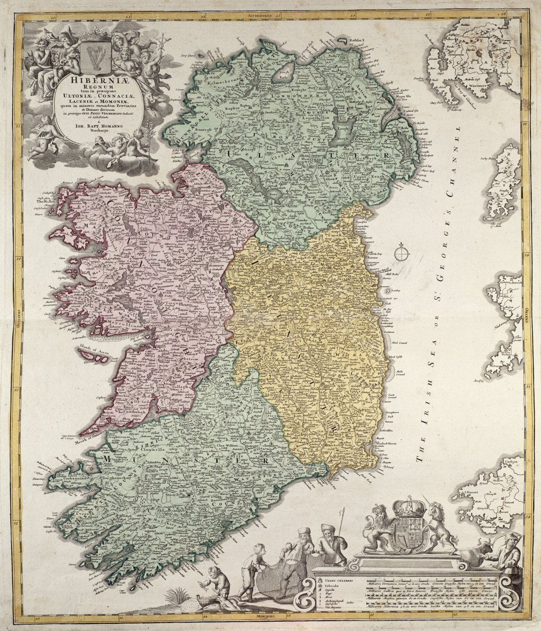 Mapa Irlandii przedstawiająca prowincje Ulster, Munster, Connaught i Leinster, autorstwa Johanna B. Homanna, ok. 1730 r. (rycina ręcznie kolorowana) autorstwa Johann Baptista Homann
