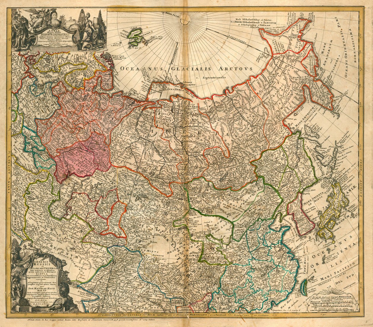 Mapa Rosji (Od: Mapa Imperium Rosyjskiego i Tataru po całą Azję Mniejszą i Europę) - Homann, Johann Baptist (1663-1724) - 1738 - Miedzioryt, akwarela - Kolekcja prywatna autorstwa Johann Baptista Homann