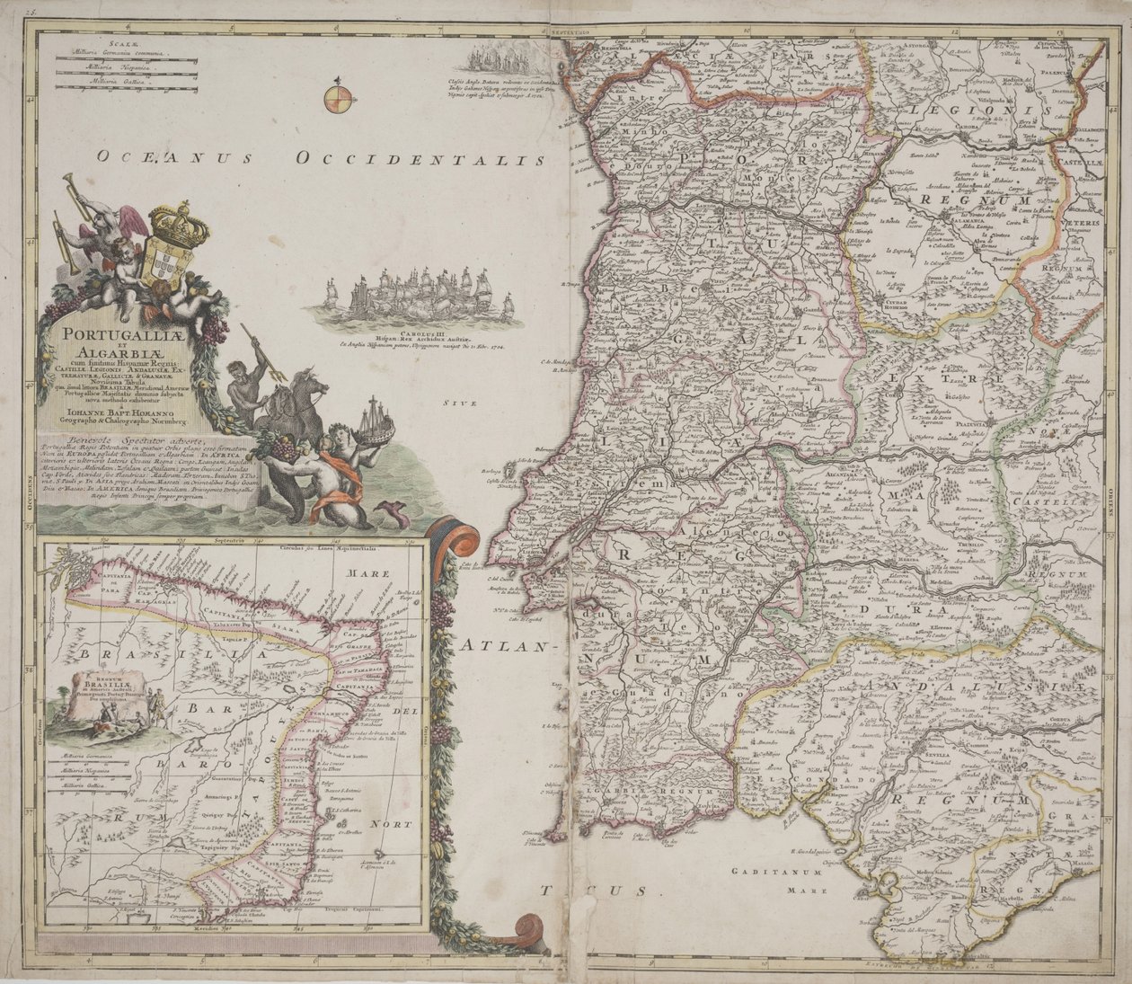 Portugalia i Algarve (Portugallia et Algarbiae), ok. 1704 (akwaforta ręcznie kolorowana) autorstwa Johann Baptista Homann