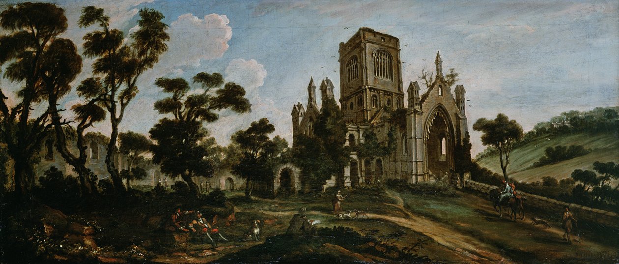 Widok południowy na opactwo Kirkstall, c.1738 autorstwa Johann Baptiste Bouttats