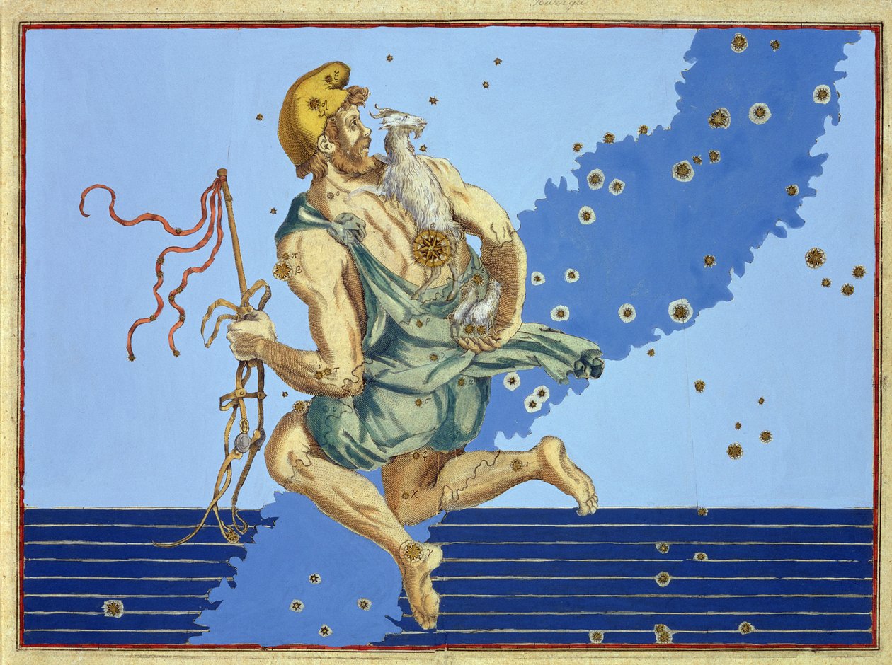 Auriga, konstelacja półkuli północnej, z „Uranometria” Johanna Bayera, rytowana przez Aleksandra Mair (1559-c.1616) 1603 (ręcznie kolorowana miedzioryt) autorstwa Johann Bayer