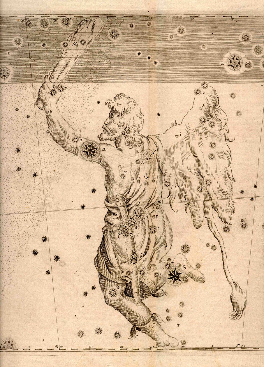 Uranometria (1661) przedstawiająca konstelację Oriona autorstwa Johann Bayer