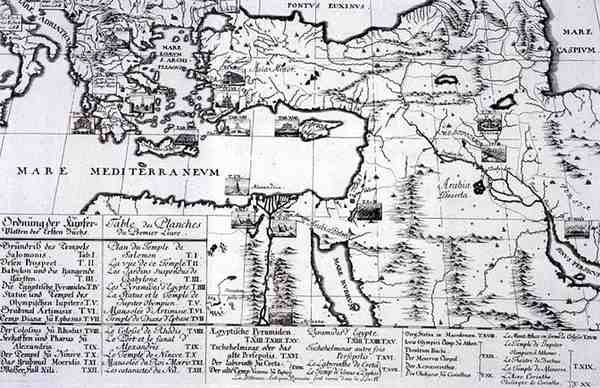 Mapa miejscowości cytowanych w I księdze „Projektowanie architektury historycznej” autorstwa Johann Bernhard (after) Fischer von Erlach