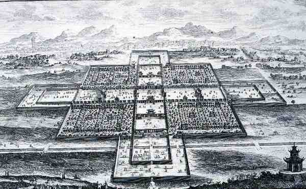 Widok perspektywiczny Pałacu Cesarskiego, Pekin, Chiny, z „Planu architektury historycznej”, rytego przez Johanna Adama Delsenbacha (1687-1765) 1721 (grafika) autorstwa Johann Bernhard (after) Fischer von Erlach
