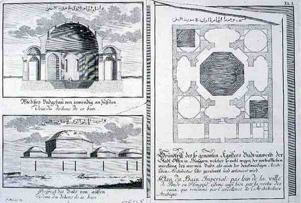 Plan, elewacja i przekrój łaźni cesarskich, Budapeszt, Węgry, z „Planu architektury historycznej” autorstwa Johann Bernhard (after) Fischer von Erlach