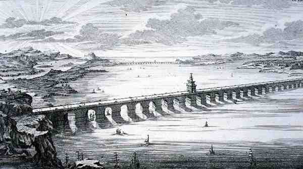 Wielki most chiński, między Focheu i Nantai, Chiny, z „Planu architektury historycznej”, ryty przez Johanna Adama Delsenbacha (1687-1765) 1721 (rycina) autorstwa Johann Bernhard (after) Fischer von Erlach