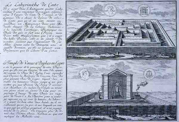 Labirynt na Krecie i Świątynia Wenus w Pafos na Cyprze, oba zaczerpnięte z projektów znalezionych na starożytnych monetach rzymskich z „Entwurf einer historischen Architektur” autorstwa Johann Bernhard (after) Fischer von Erlach