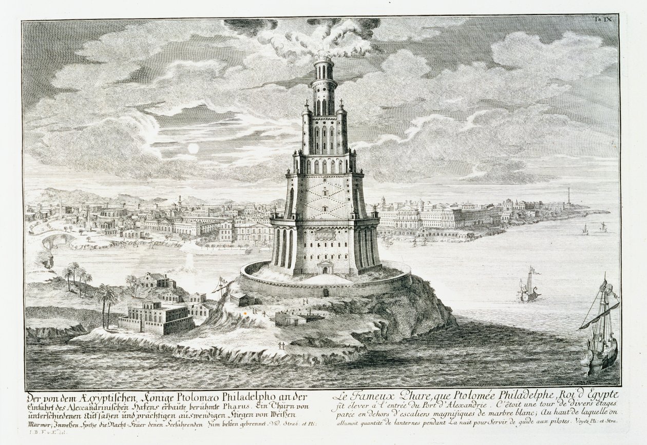 Faros z Aleksandrii, tablica 9 z „Projekt architektury historycznej”, sztych. Johann Adam Delsenbach (1687-1765) 1721 (rycina) autorstwa Johann Bernhard (after) Fischer von Erlach