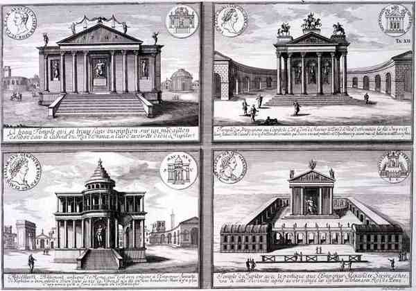 Widok czterech świątyń zaczerpnięty z monet rzymskich, z „Projekt architektury historycznej”, rytowany przez Johanna Adama Delsenbacha (1687-1765) autorstwa Johann Bernhard (after) Fischer von Erlach