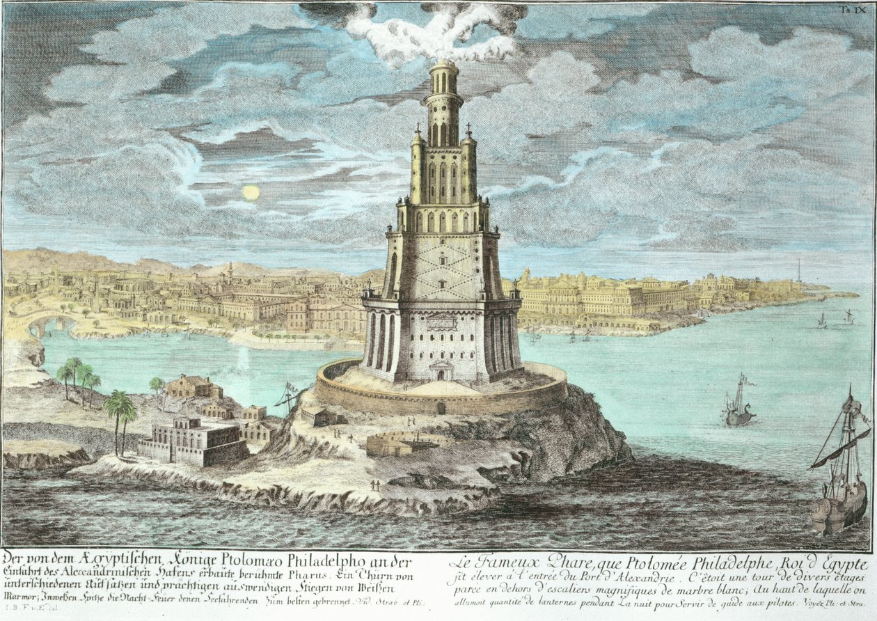 Latarnia morska w Aleksandrii, zbudowana przez Ptolemeusza Wielkiego (36-po 30 pne), Egipt, z Entwurf einer historischen Architektur, rytowana przez Johanna Adama Delsenbacha (1687-1765) 1721 (później kolor autorstwa Johann Bernhard Fischer von Erlach