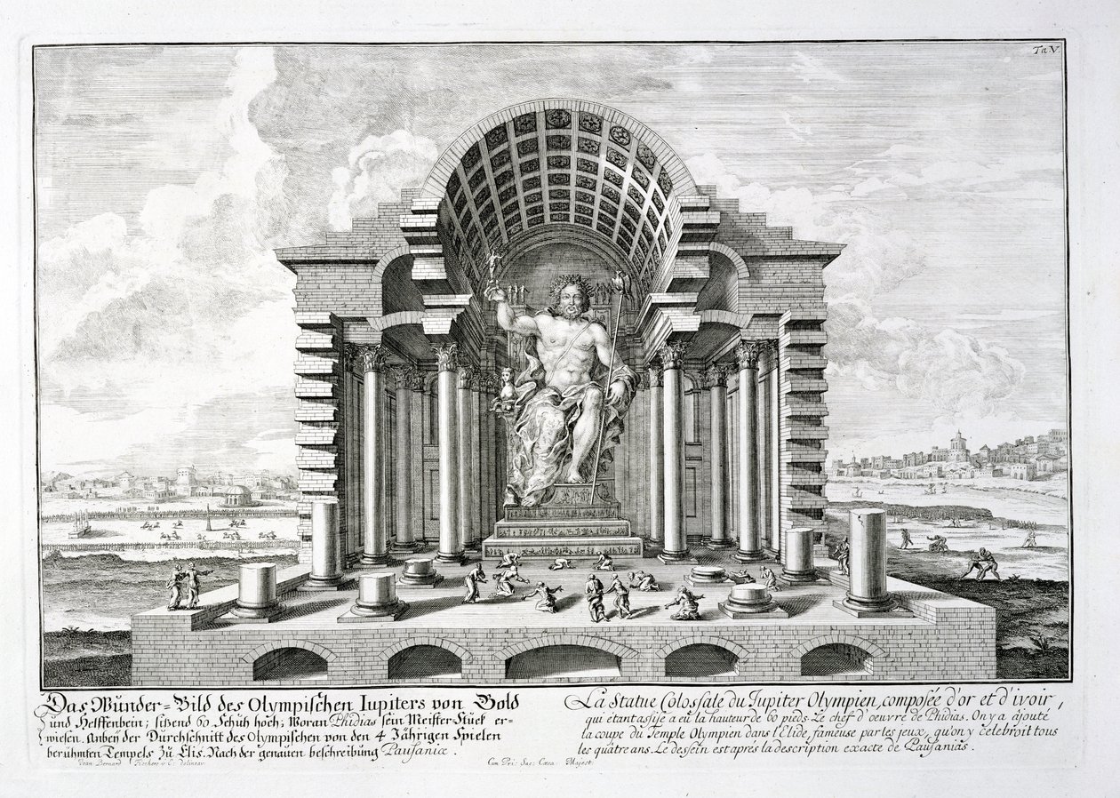 Posąg Zeusa Olimpijskiego dłuta Fidiasza, tablica 5 z "Projekt architektury historycznej", sztur. Johann Adam Delsenbach (1687-1765) 1721 autorstwa Johann Bernhard Fischer von Erlach