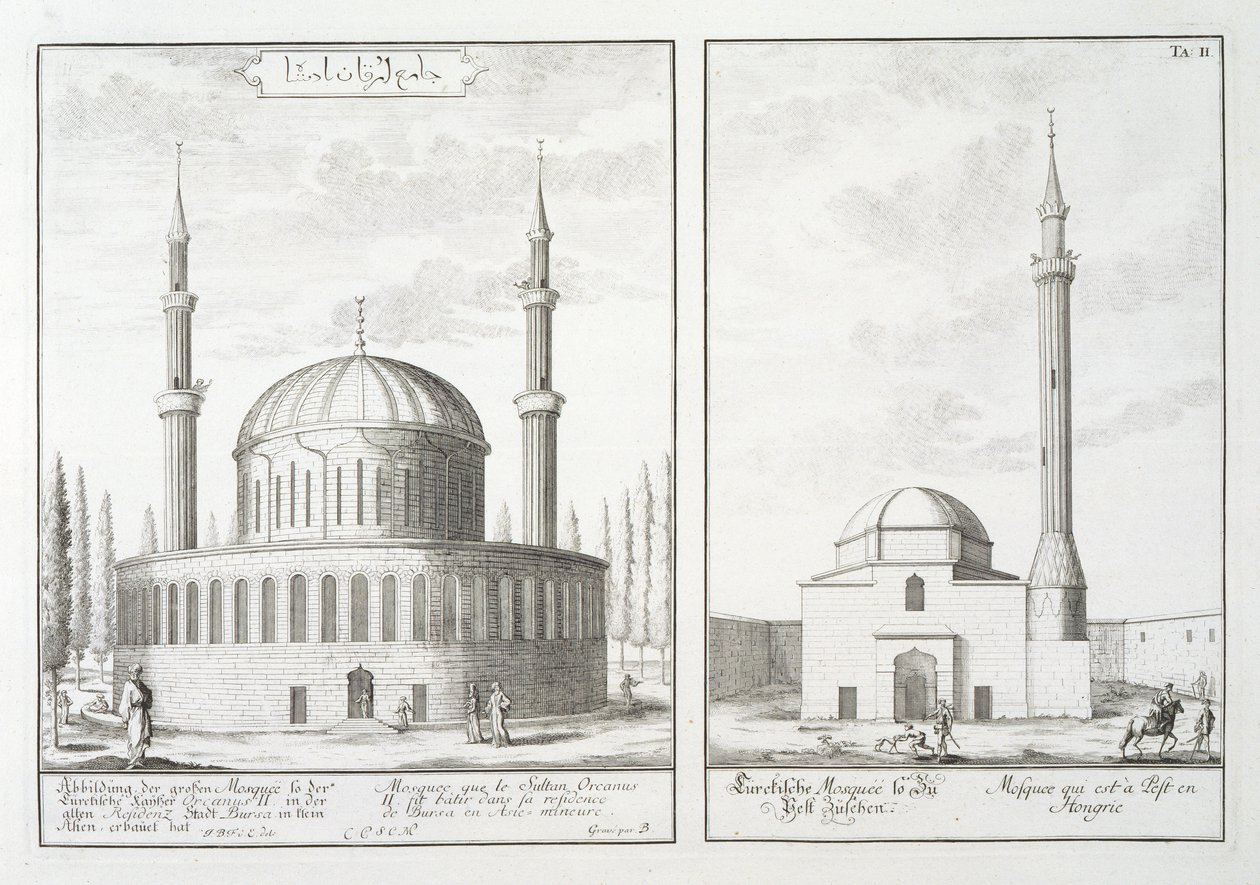Widok meczetu w Bursie i meczetu na Węgrzech, z „Planu architektury historycznej”, 1721 autorstwa Johann Bernhard Fischer von Erlach