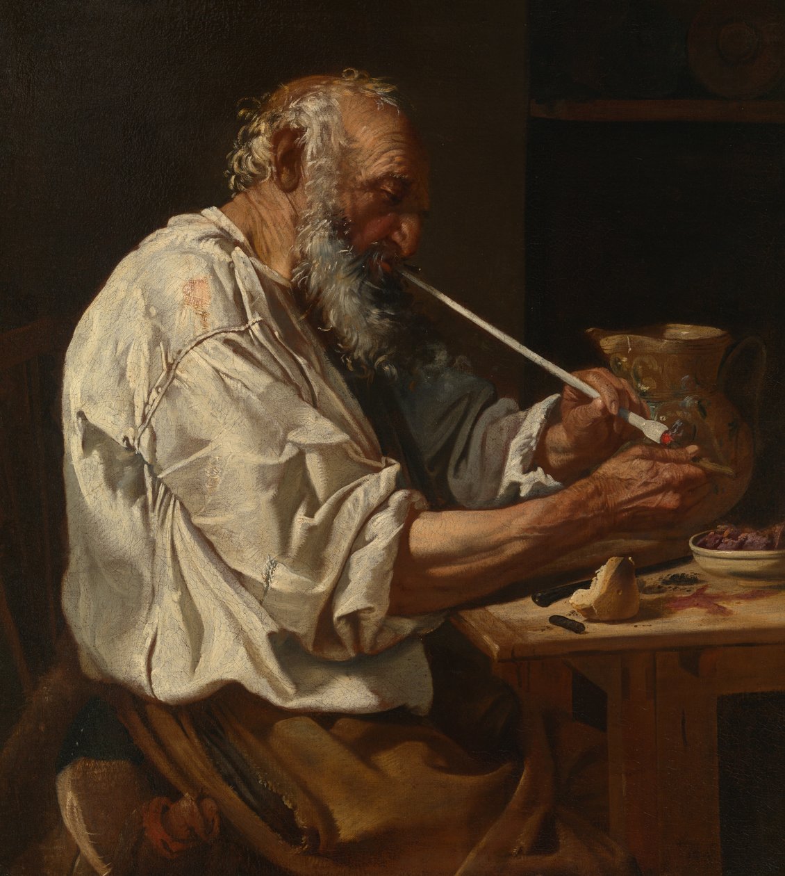 Starszy mężczyzna zapalający fajkę autorstwa Johann Carl Loth