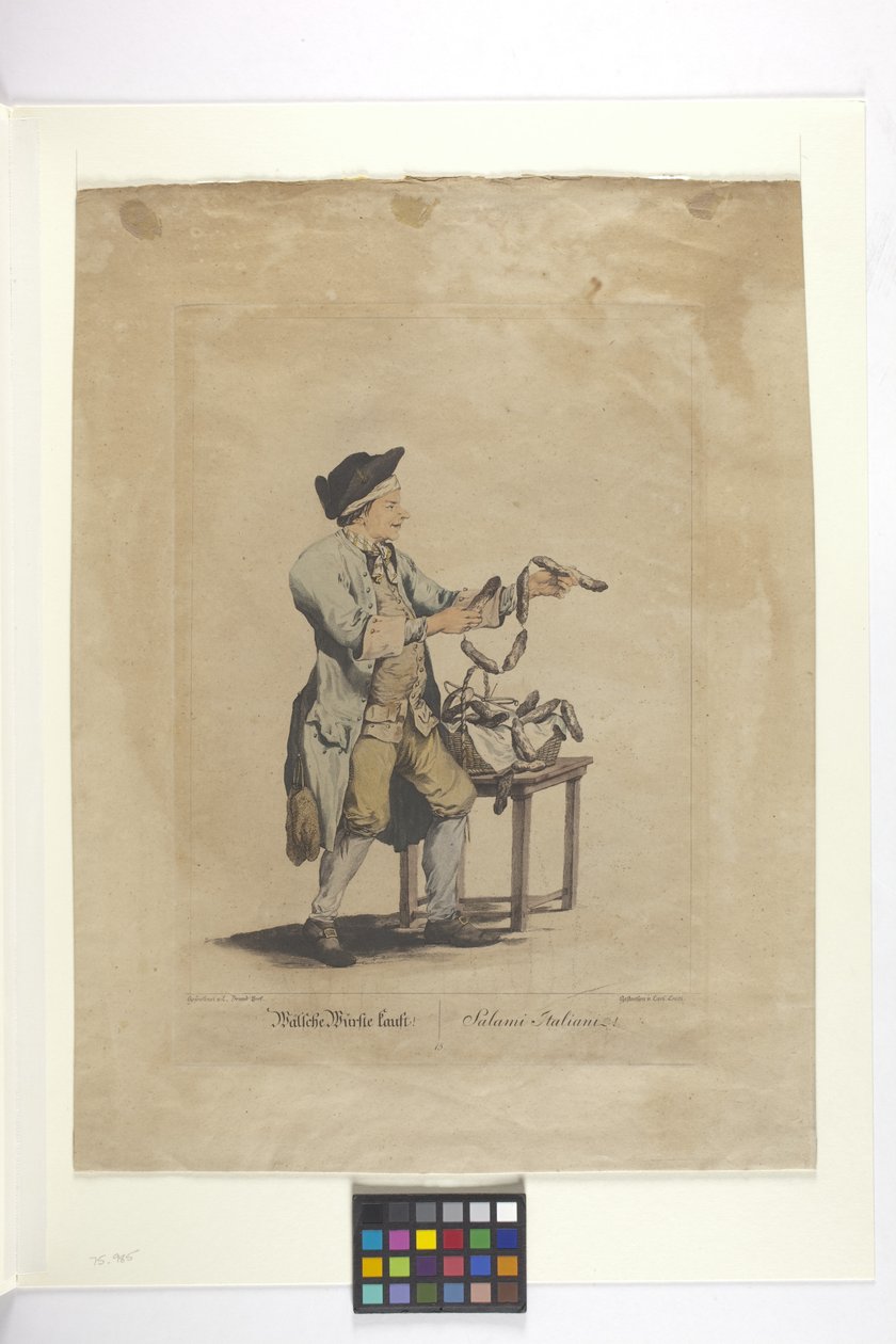 Wälsche Würste Kauft - Salami Italiani (ręcznie kolorowana akwaforta) autorstwa Johann Christian (after) Brand