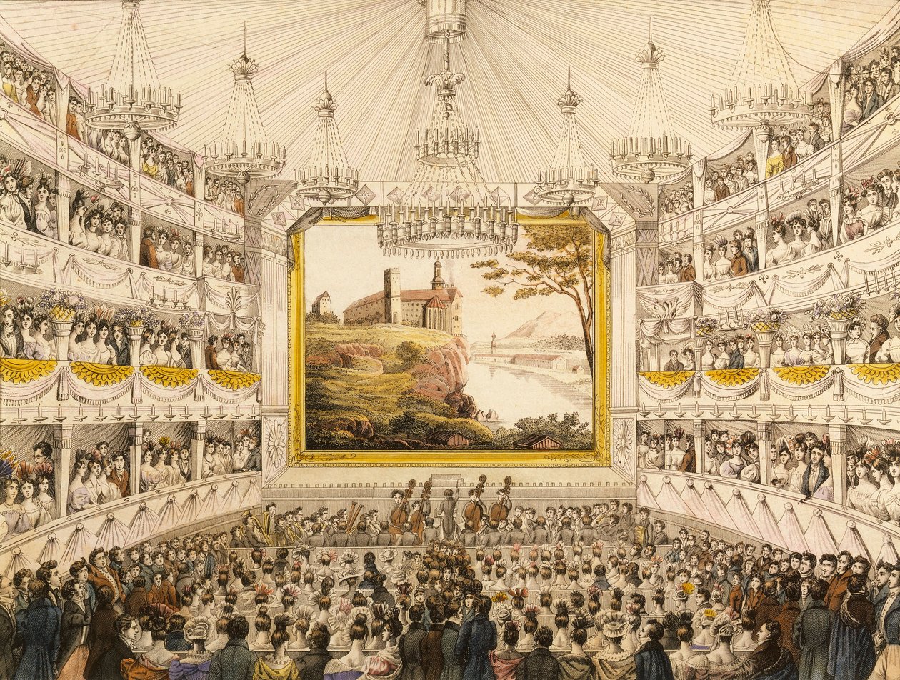 Austria, Wiedeń, Wnętrze Teatru an der Wien (Teatr Wiedeński), akwarelowa grafika J.C. Schoeller autorstwa Johann Christian (after) Schoeller