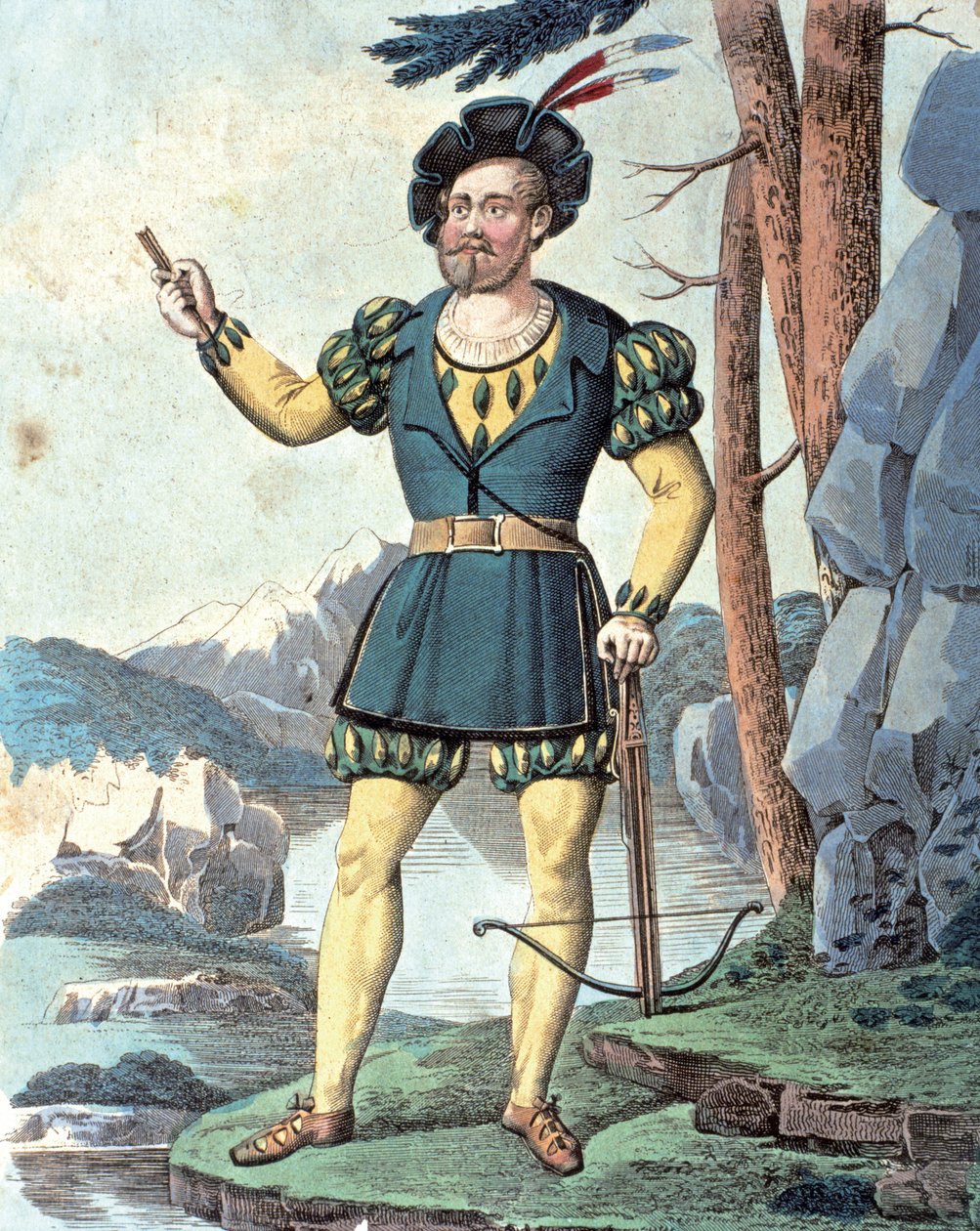 Franz von Schober jako Wilhelm Tell . 1837 (kolorowa rycina) autorstwa Johann Christian (after) Schoeller