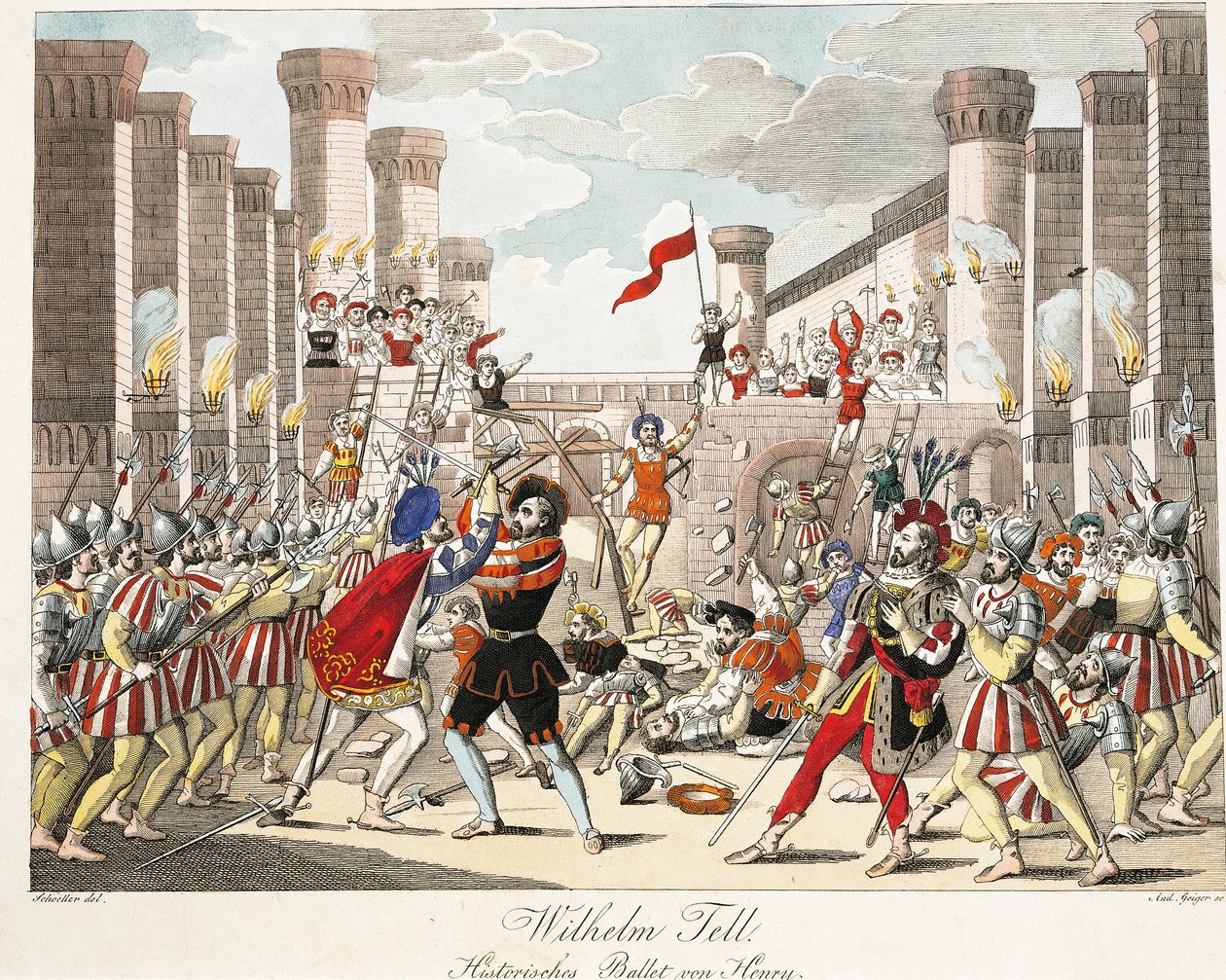Balet historyczny Henryka, scena z „William Tell” Gioachino Rossiniego, sztychowana przez Geigera (kolorowa rycina) autorstwa Johann Christian (after) Schoeller