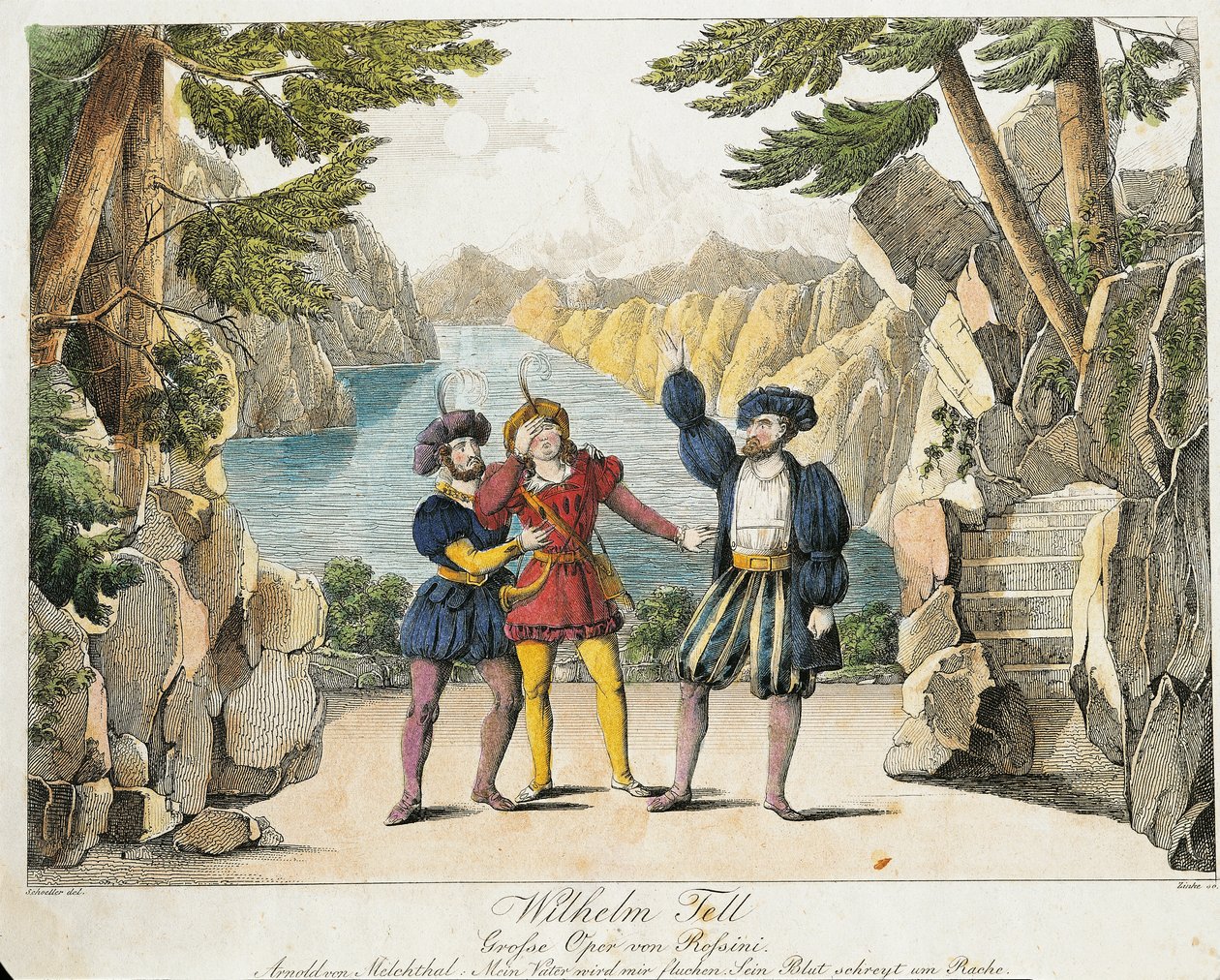 Scena z „William Tell” Gioachino Rossiniego, sztychowana przez Zincke (kolorowa grawerunek) autorstwa Johann Christian (after) Schoeller