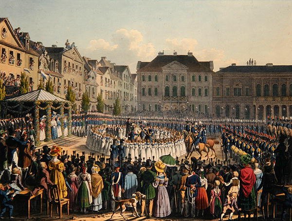 Ceremonia poświęcenia flagi Gwardii Obywatelskiej Kassel w 1831 r. (kolor lito) autorstwa Johann Christian Arnold