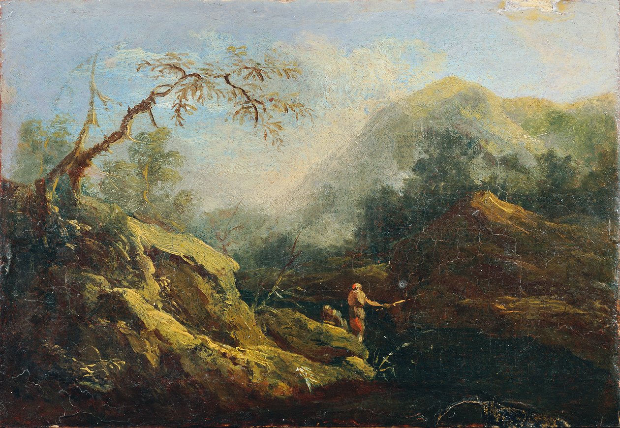 Górzysty krajobraz z wędkarzami autorstwa Johann Christian Brand