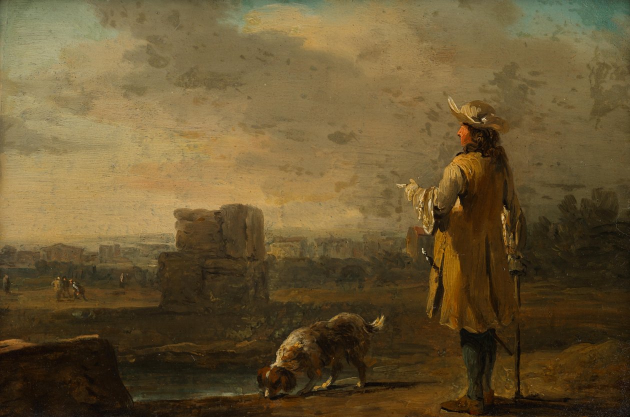 Dżentelmen z psem na tle krajobrazu autorstwa Johann Christian Brand