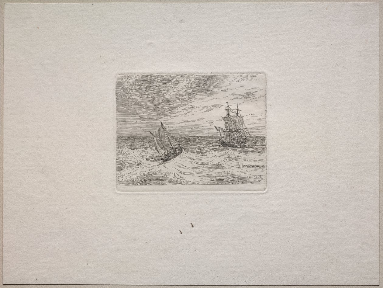 Wzburzone morze z dwumasztowcem i żaglówką autorstwa Johan Christian Dahl