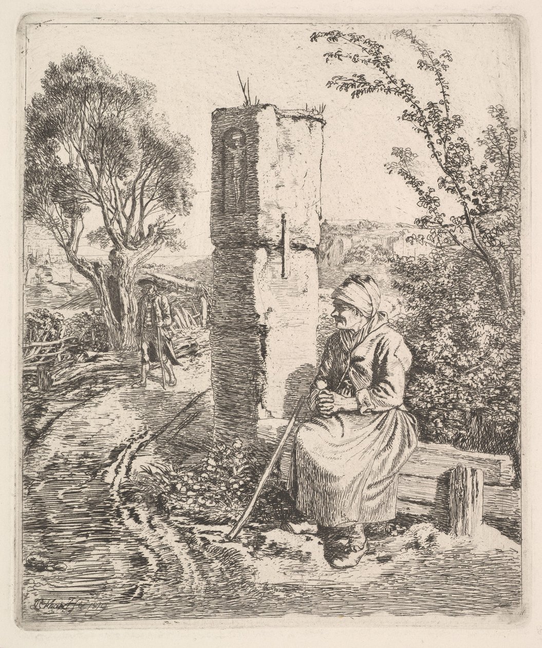 Staruszka siedząca przy filarze na poboczu drogi, 1819. autorstwa Johann Christian Erhard