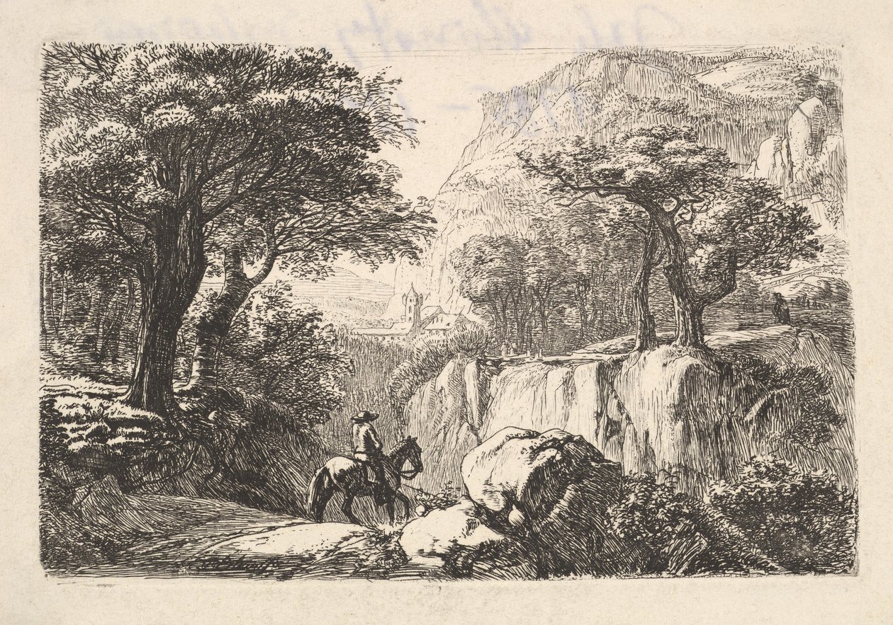 Jeździec konny w wąwozie, XIX wiek. autorstwa Johann Christian Erhard