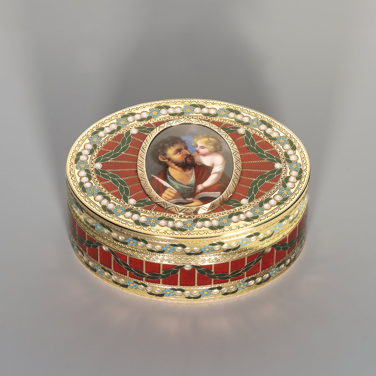 Tabakierka, Drezno, ok. 1775-80, miniatura Genewa, ok. 1800 (saksoński twardy kamień, złoto i emalia) autorstwa Johann Christian Neuber