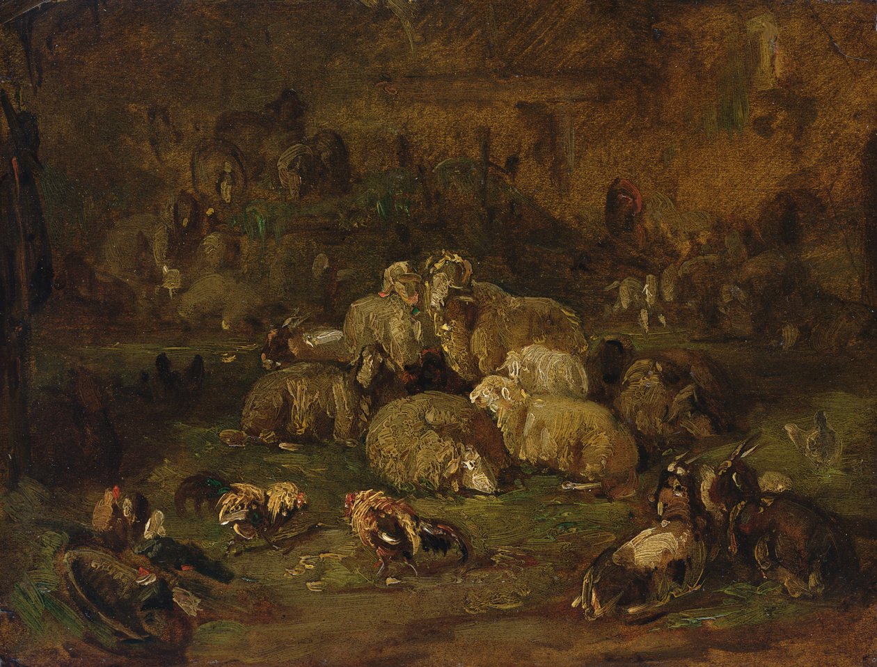 Owce, Kozy i Kurczaki (olej na papierze ułożony na płótnie) autorstwa Johann Christian Reinhardt