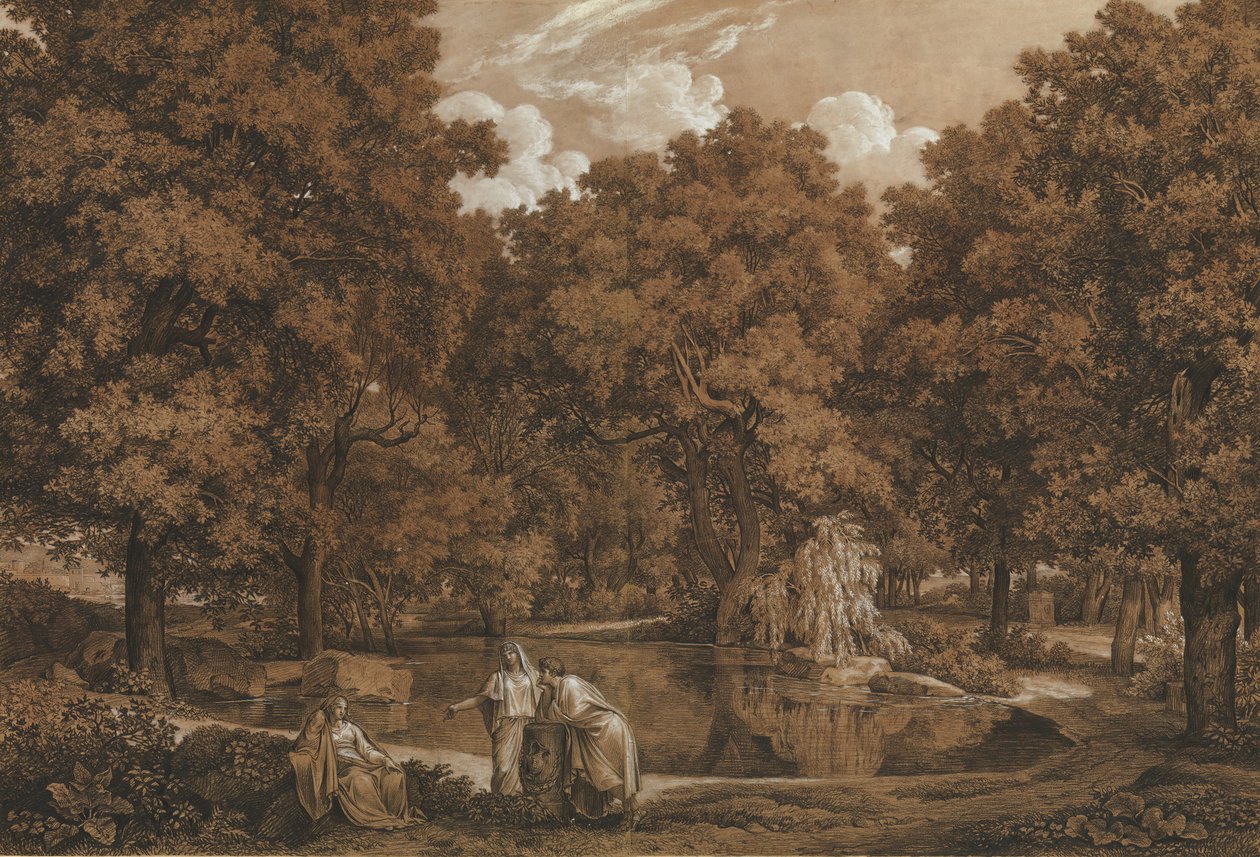 Arkadyjski krajobraz z trzema postaciami nad jeziorem, 1792. autorstwa Johann Christian Reinhart