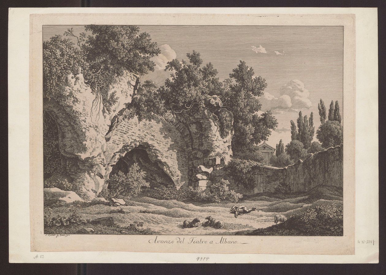 Widok teatru w Albano (Pasterz z owcami wśród ruin) autorstwa Johann Christian Reinhart
