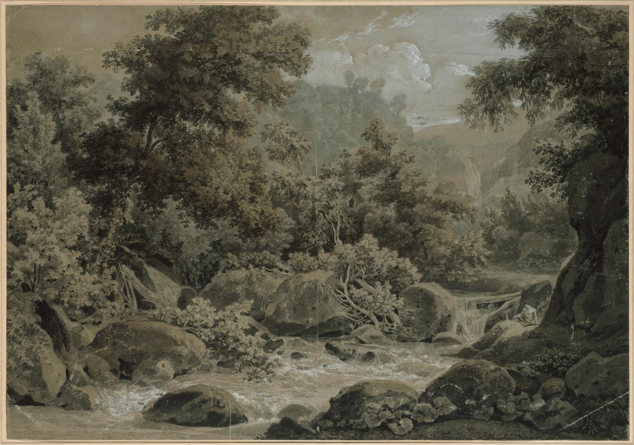 Krajobraz górski i leśny, z potokiem w tle autorstwa Johann Christian Reinhart