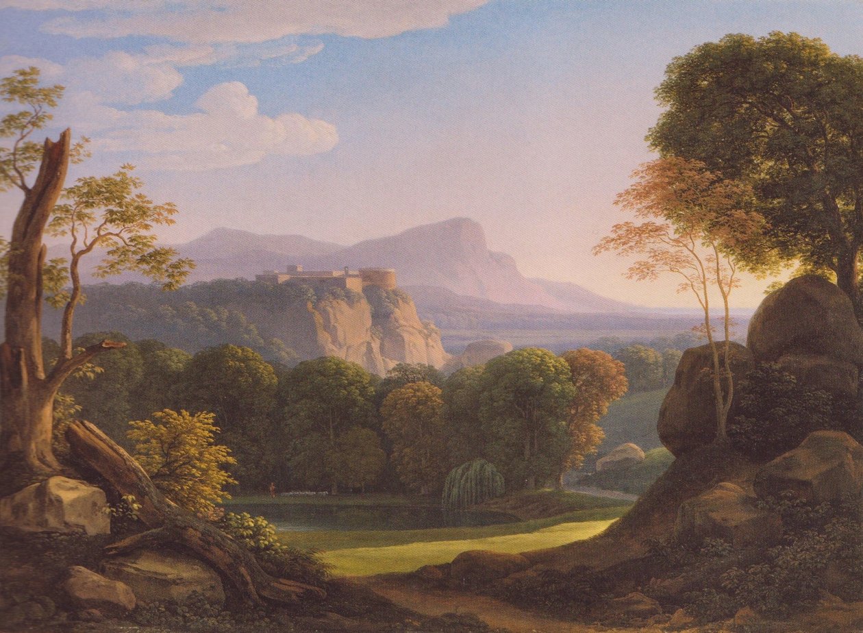niemiecki: Italienische Landschaft mit Schloss auf einem Bergrücken Włoski krajobraz z zamkiem na wzgórzu autorstwa Johann Christian Reinhart