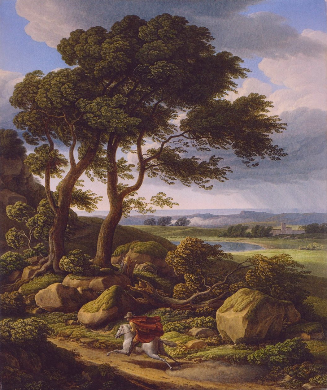 Niemiecki: burzowy krajobraz z jeźdźcem. autorstwa Johann Christian Reinhart