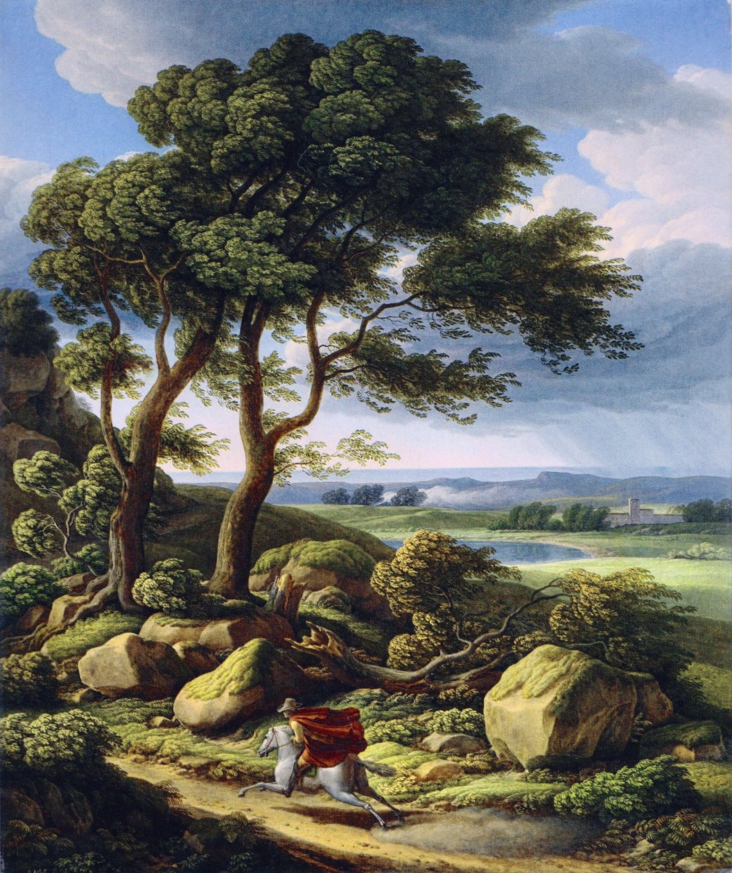 Niemiecki: burzowy krajobraz z jeźdźcem. autorstwa Johann Christian Reinhart