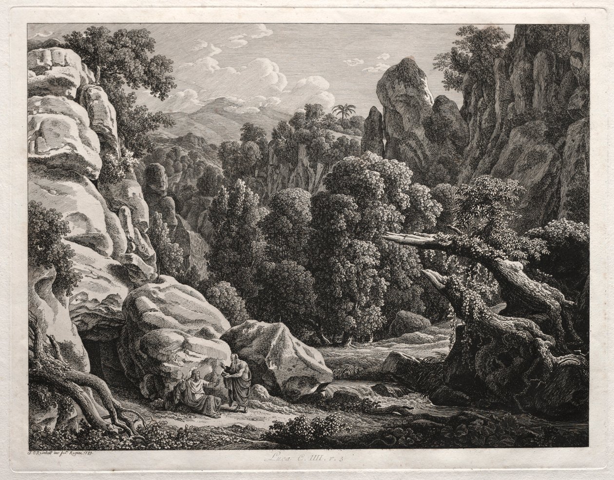 Krajobraz heroiczny: Krajobraz z kuszeniem Chrystusa, 1799. autorstwa Johann Christian Reinhart