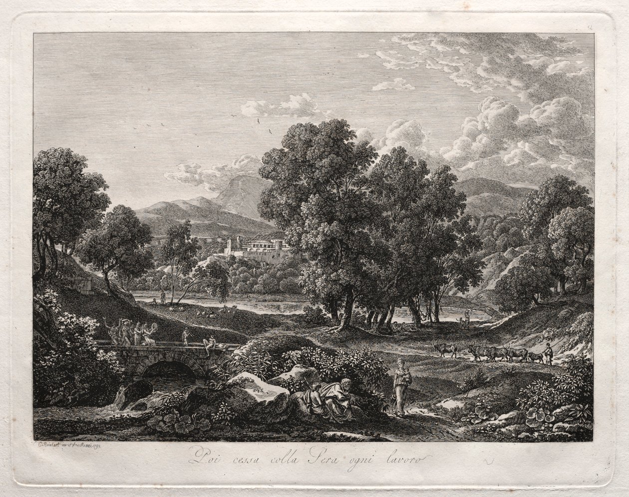 Heroiczny krajobraz: Pasterze tańczą na moście, 1792. autorstwa Johann Christian Reinhart