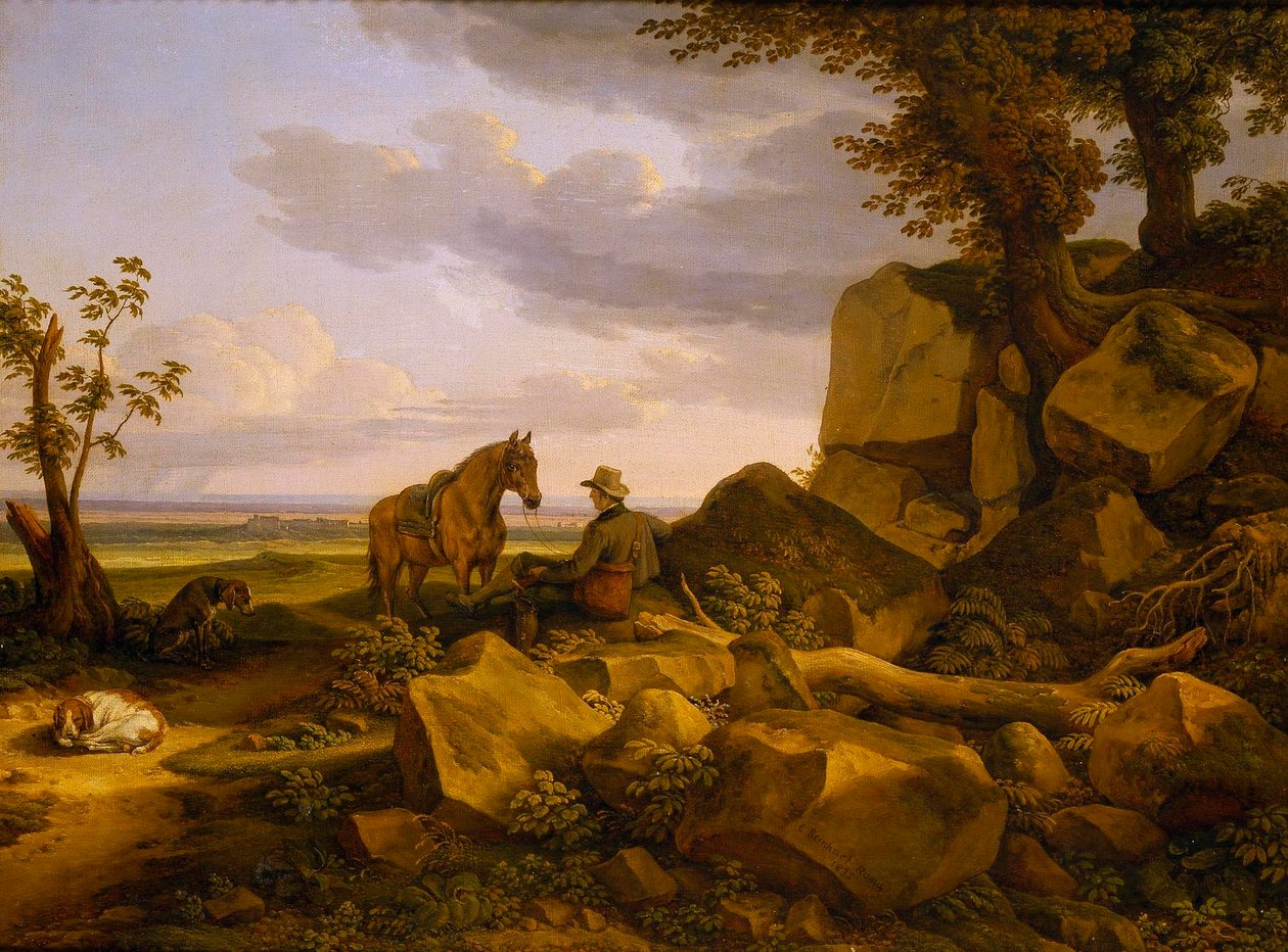 Włoski pejzaż z odpoczywającym myśliwym, autoportret autorstwa Johann Christian Reinhart