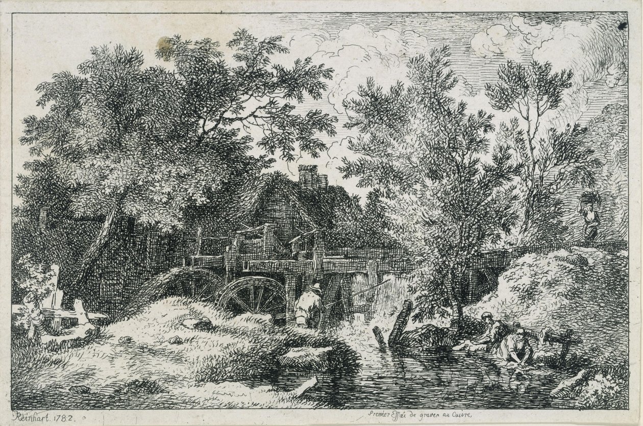 Pejzaż z młynem wodnym (pierwsza próba miedziorytu) autorstwa Johann Christian Reinhart