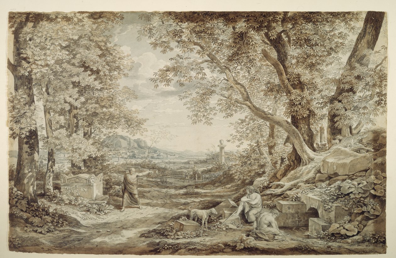 Krajobraz z antycznymi pomnikami („Wynalezienie kapitelu korynckiego“) autorstwa Johann Christian Reinhart