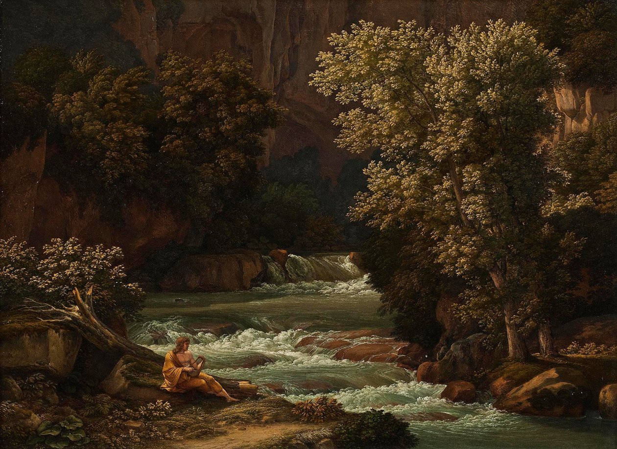 Widok na Ponte Lupo koło Tivoli, z osobą grającą na lirze na pierwszym planie autorstwa Johann Christian Reinhart