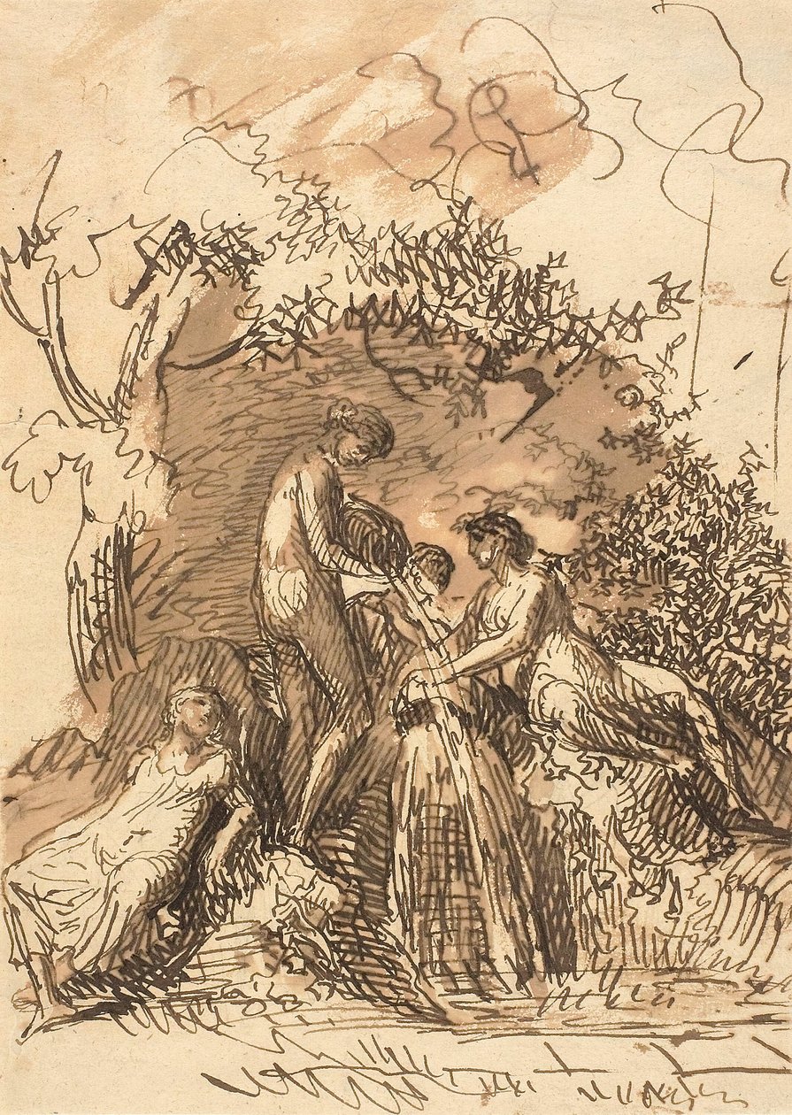 Młode dziewczyny przy fontannie (recto); Fragment szkicu nóg (verso) autorstwa Johann Christian Reinhart